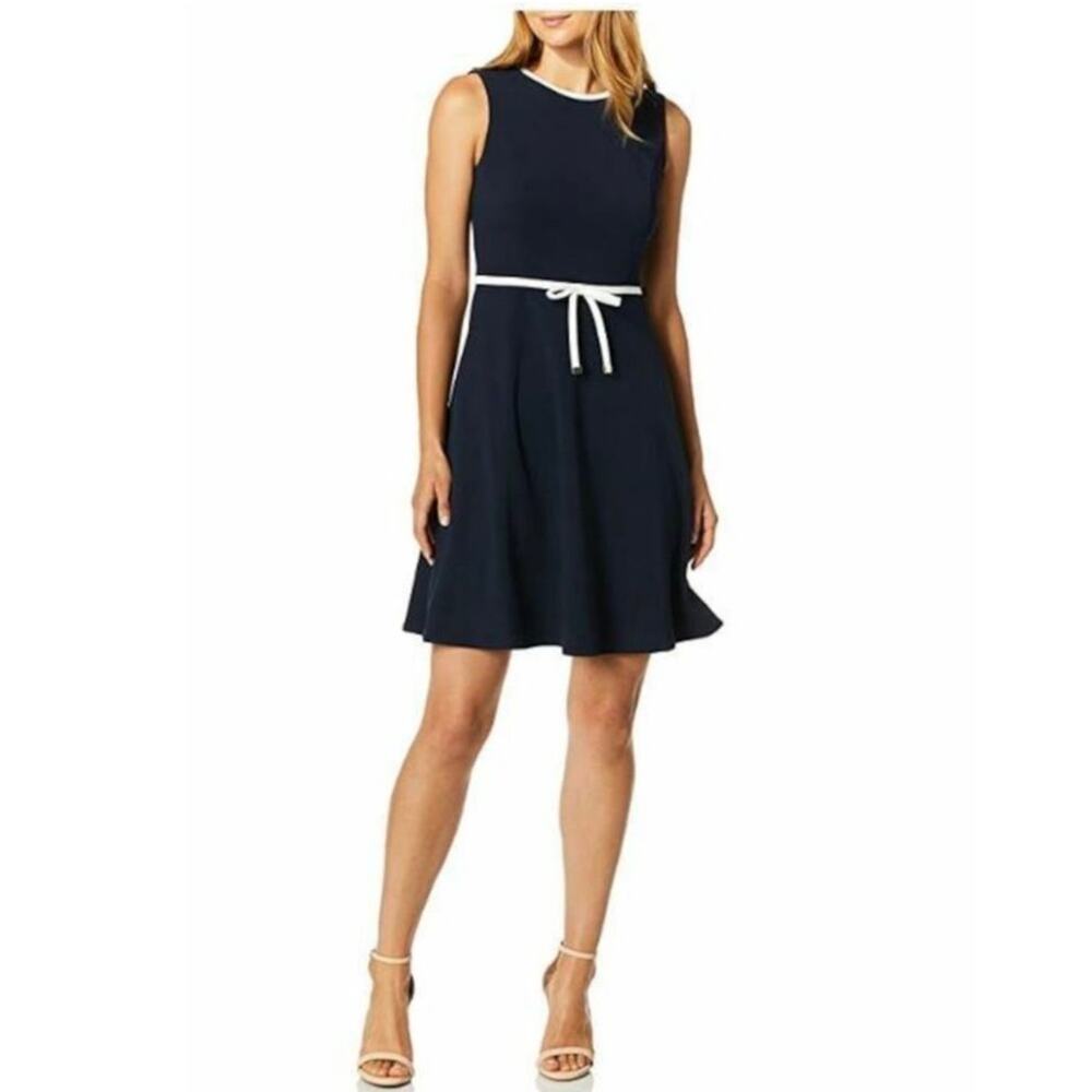 Tommy Hilfiger Womens Dress Size 16 Navy Blue Tie Scuba Crepe Fit Flare Nautical